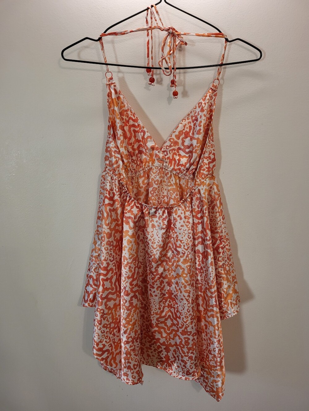 La SENZA Vintage Y2k Orange & White Leopard Print Satin Asymmetrical Chemise - M - Picture 5 of 9